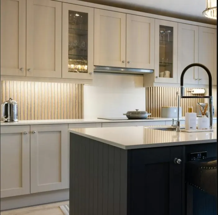 Freshly respray-painted kitchen cabinetry